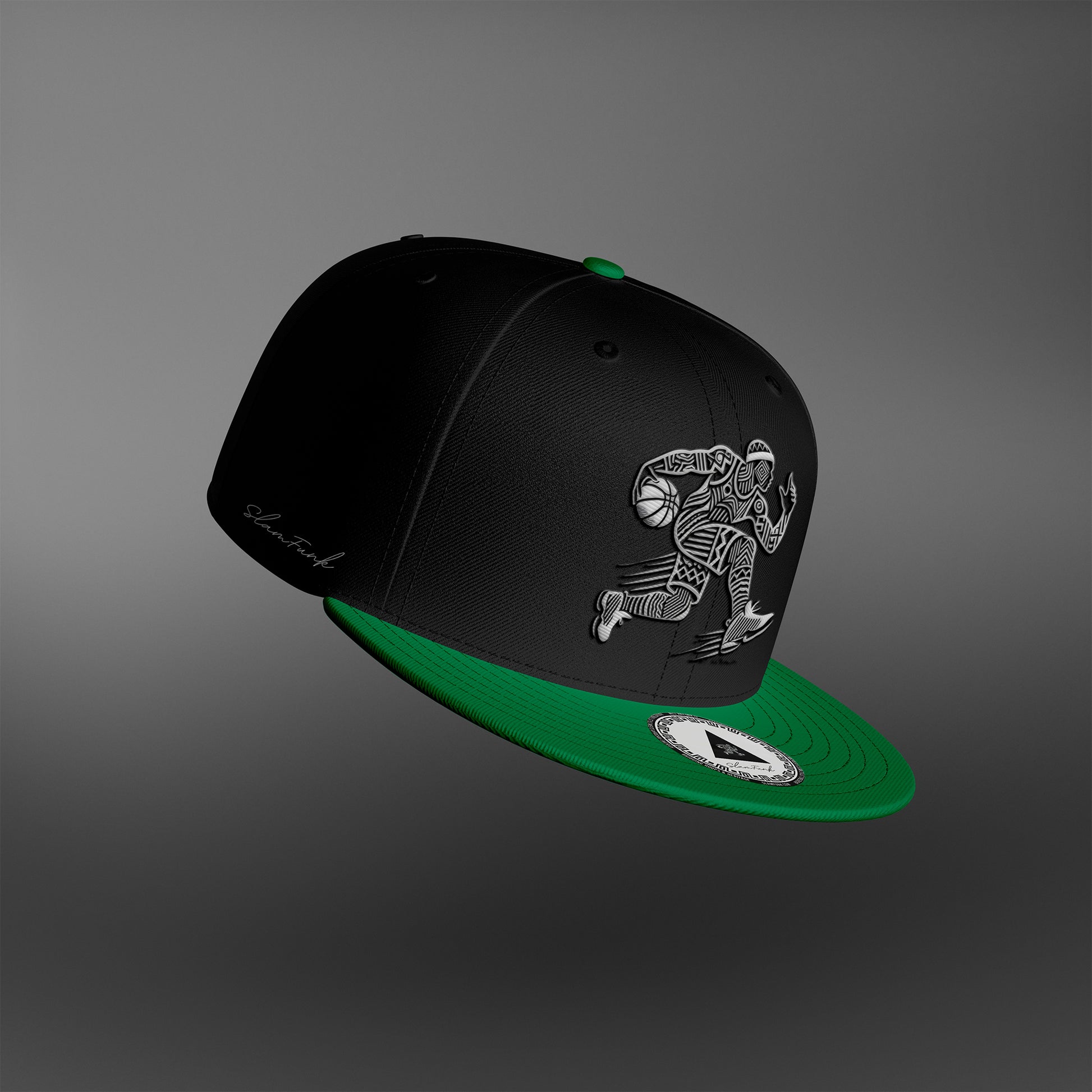 B&G Black Green Snapback Hat featuring a bold black crown and green brim. Adjustable fit with a signature Slamfunk logo for a stylish look.