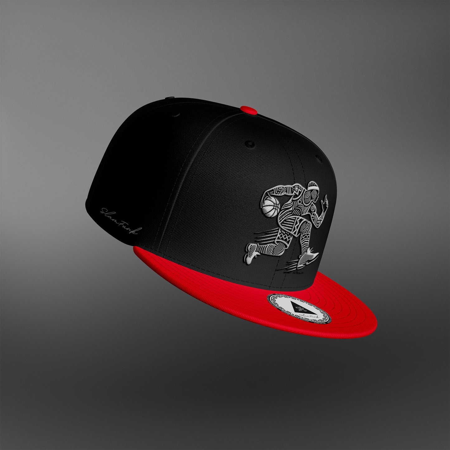 B&R Black Red Snapback Hat featuring a bold black crown and red brim. Adjustable fit with a signature Slamfunk logo for a stylish look.