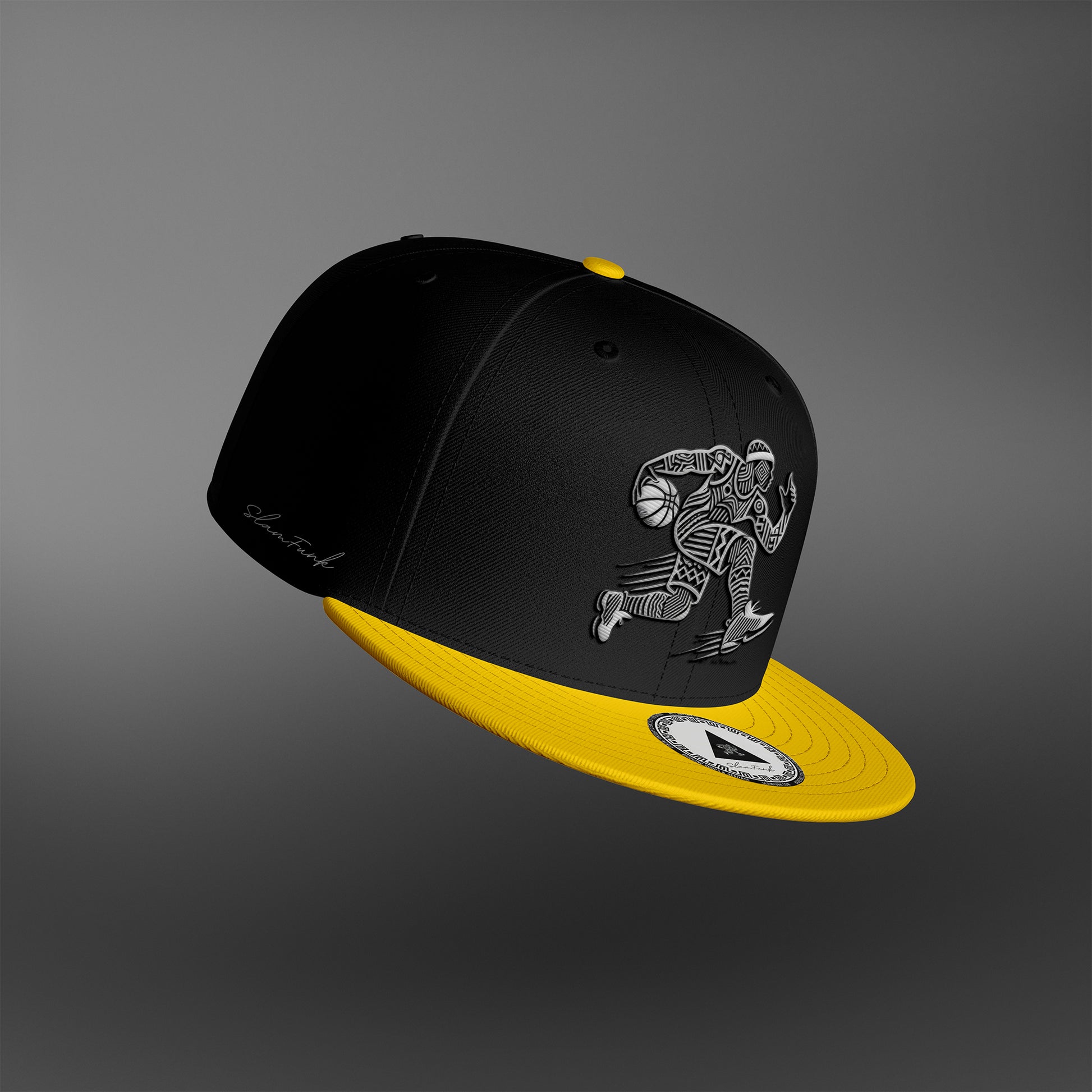 B&Y Black Yellow Snapback Hat featuring a bold black crown and yellow brim. Adjustable fit with a signature Slamfunk logo for a stylish look.