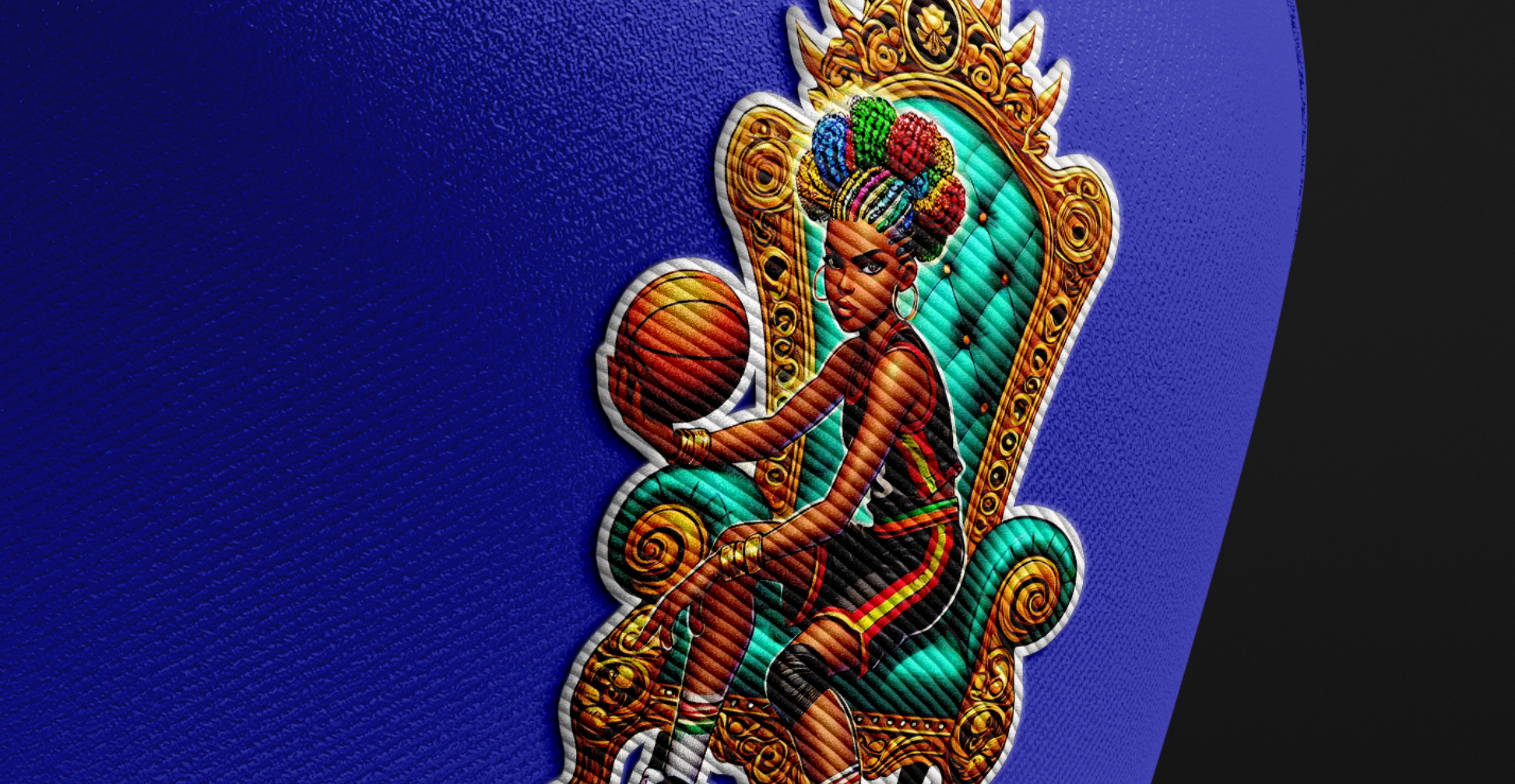 Close-up of the Princess Nia Snapback embroidery, highlighting the detailed artwork of Princess Nia on a golden throne, wearing a basketball uniform with intricate textures.