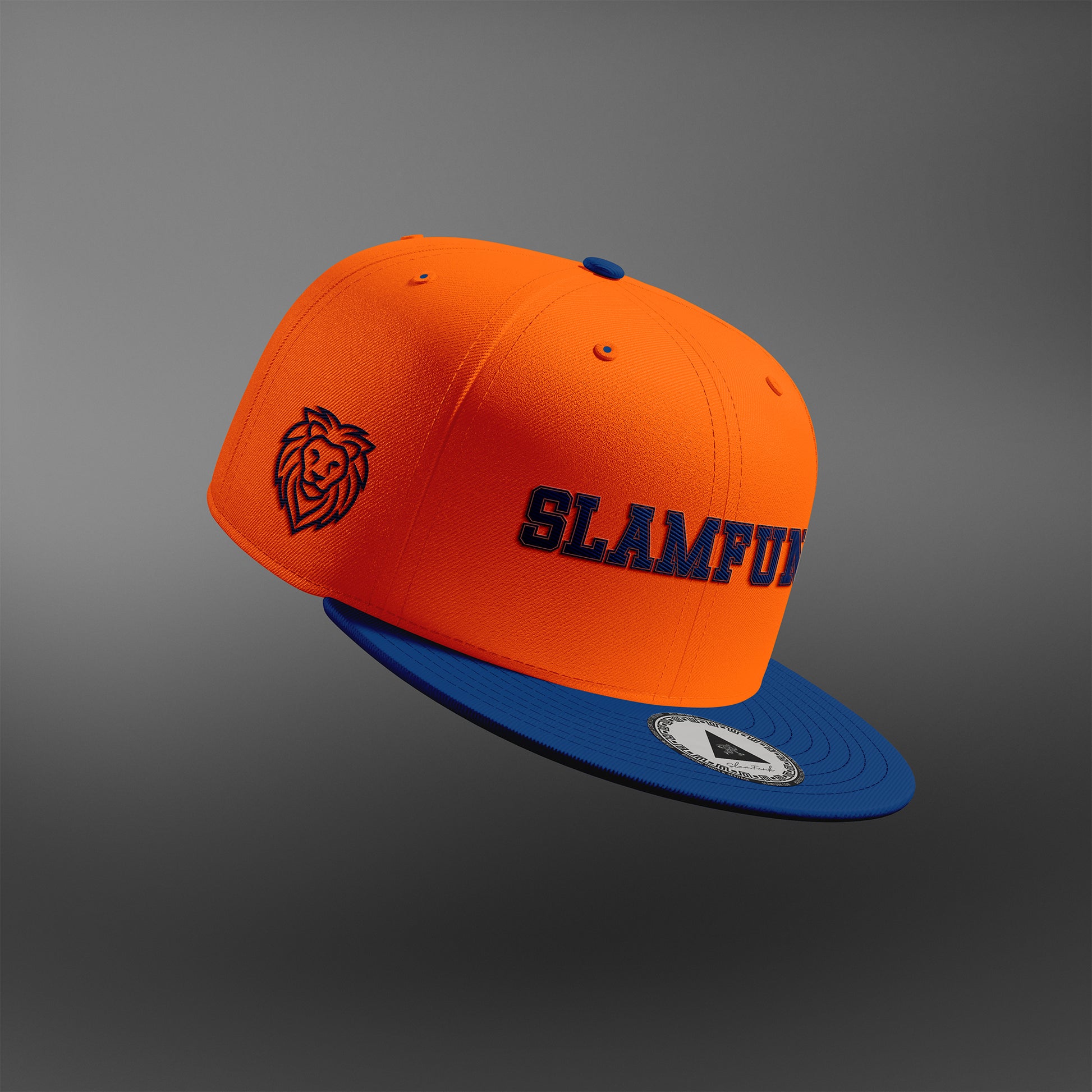 Nederland Diamond Duo snapback cap in bold orange with deep blue brim. Embroidered with Dutch lion emblem and 'SLAM FUNK' lettering for a premium look.