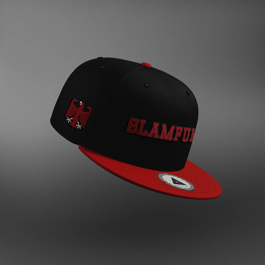 Deutschland Diamond Duo snapback cap in black with red brim, embroidered with 'SLAMFUNK' and a German eagle emblem for a bold, premium look.