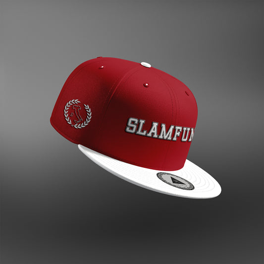 Italia Diamond Duo Snapback - Premium red and white cap with embroidered 'SLAM FUNK' text and laurel wreath emblem, designed for sports enthusiasts.