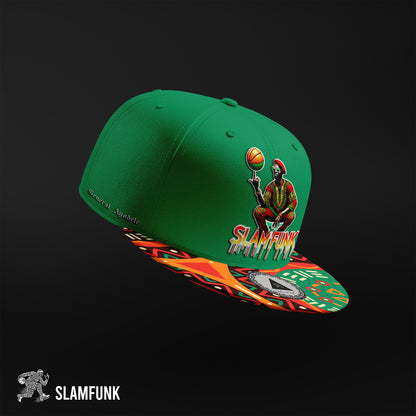 General Ayodele Snapback in bold green with an embroidered design of a regal figure spinning a basketball, featuring a vibrant geometric brim.