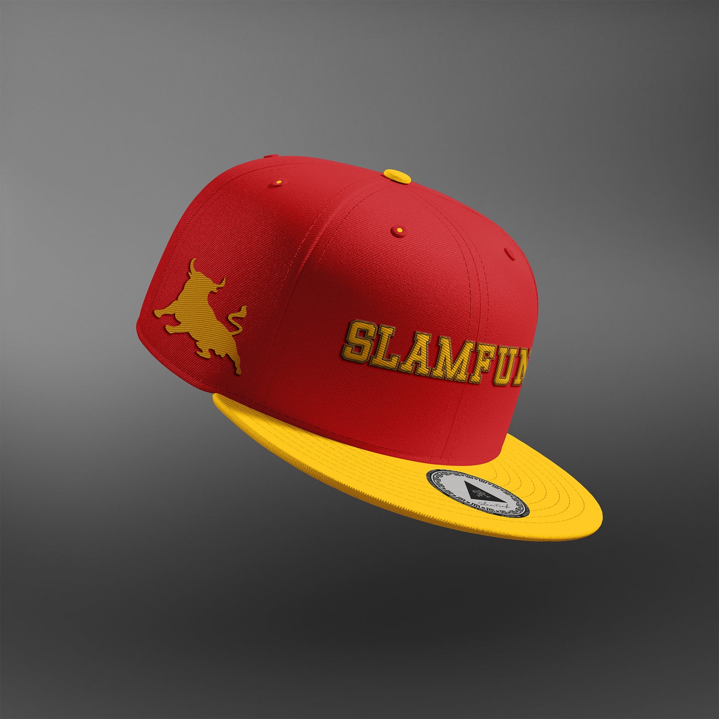 Espana Diamond Duo snapback cap in red with a yellow brim, featuring an embroidered Spanish bull emblem and 'SLAM FUNK' text in bold yellow.