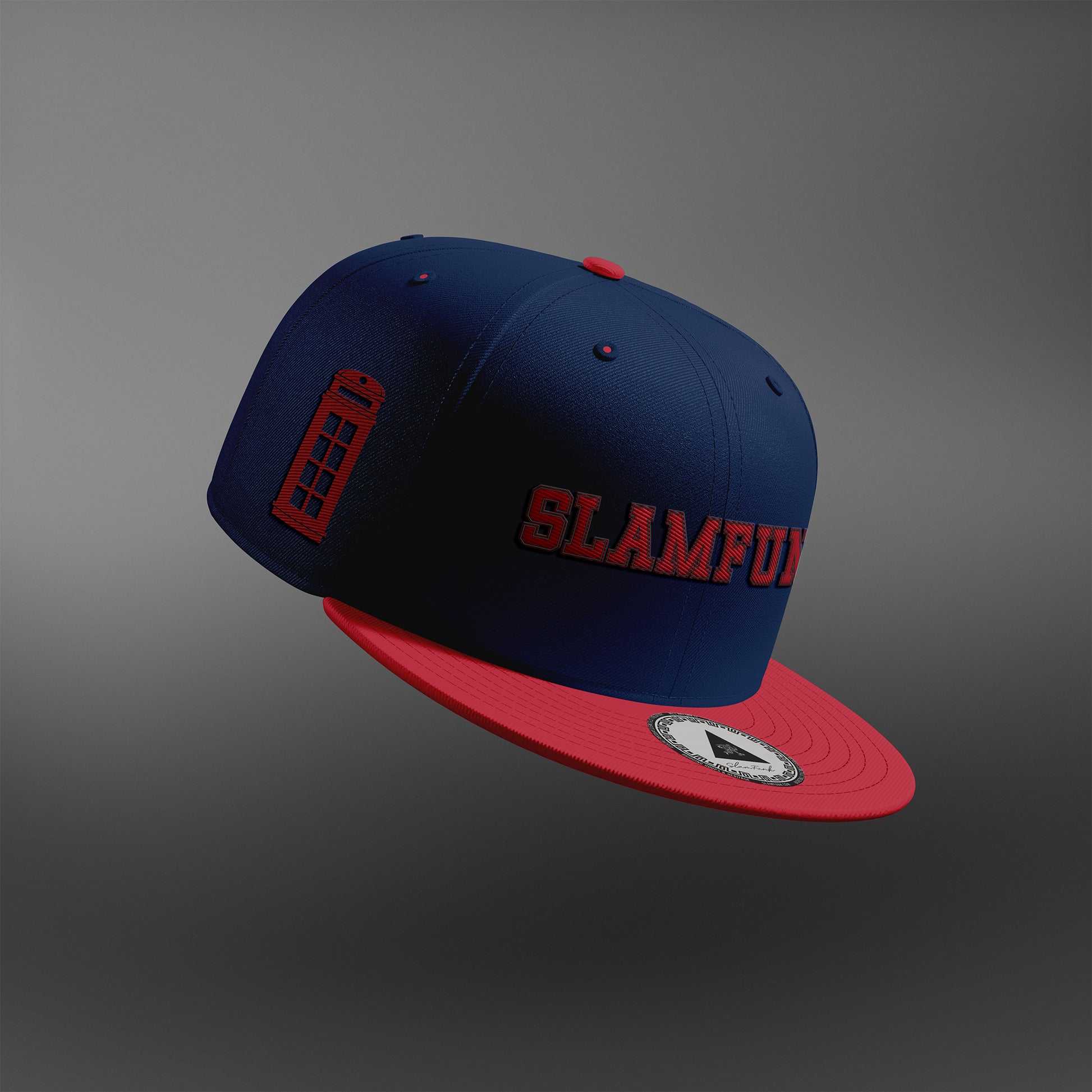 Premium UK Diamond Duo snapback in navy with red brim. Embroidered with UK telephone booth emblem and 'SLAMFUNK' lettering for a bold streetwear statement.